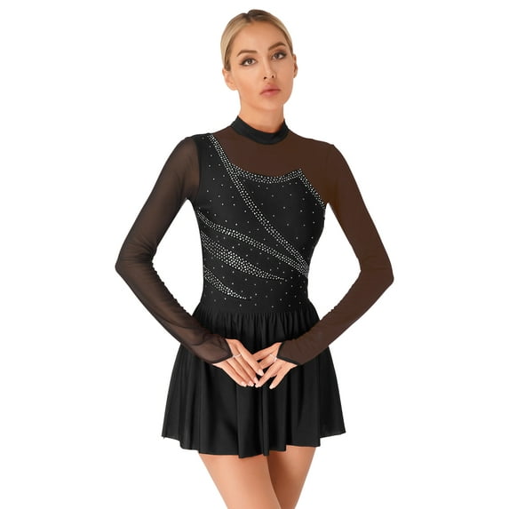 Aislor Women's Figure Ice Skating Dress Long Sleeve Shiny Rhinestones Color Block Lyrical Dress Dancewear Black S