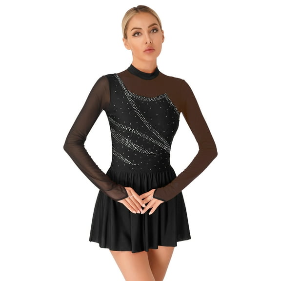 Aislor Women's Figure Ice Skating Dress Long Sleeve Shiny Rhinestones Color Block Lyrical Dress Dancewear Black S