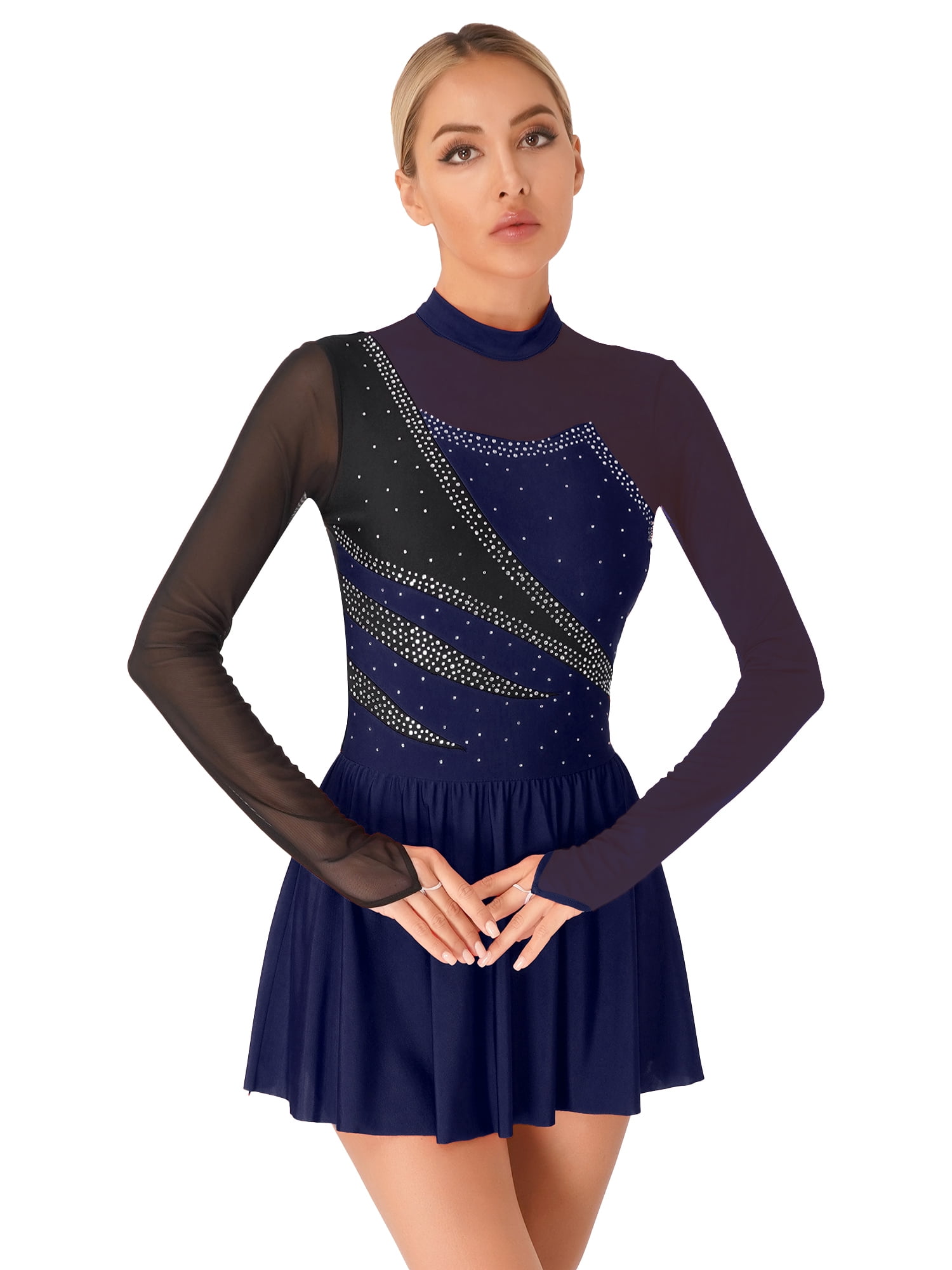 Aislor Women's Figure Ice Skating Dress Long Sleeve Shiny Rhinestones ...