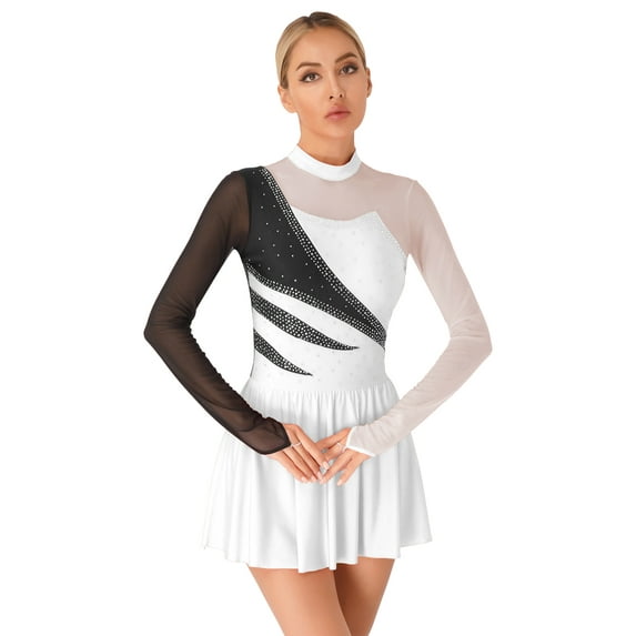 Aislor Women's Figure Ice Skating Dress Long Sleeve Shiny Rhinestones Color Block Lyrical Dress Dancewear White XL