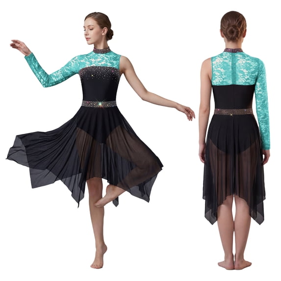 Aislor Women's Floral Lace Lyrical Dance Dress Mesh Hem Ballet Tulle Skirt Contemporary Dancewear Green S