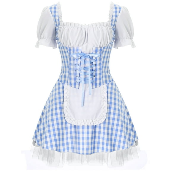 Aislor Women's French Maid Costume Short Puff Sleeve Frilly Plaid Apron Dress Halloween Anime Cosplay Blue M