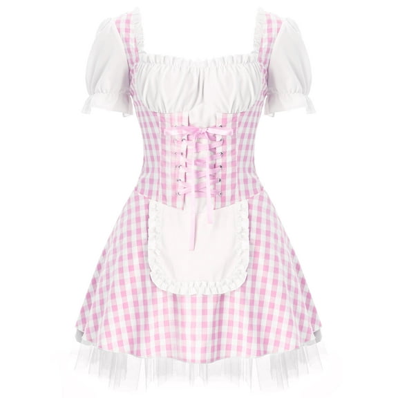 Aislor Women's French Maid Costume Short Puff Sleeve Frilly Plaid Apron Dress Halloween Anime Cosplay Pink M