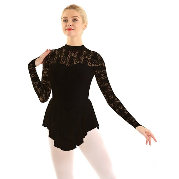 Aislor Women's Girls Ballet Dance Dress Lace Long Sleeve Figure Ice Skating Dress Leotard Dancewear