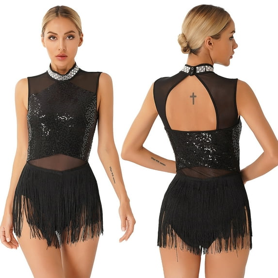 Aislor Women's Glitter Fringe Sequins Tassel Latin Jazz Dance Leotard Bodysuit Lyrical Dance Dress A Black XXL