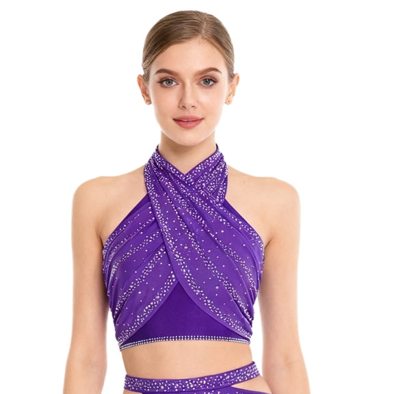 Aislor Women's Glittery Latin Dance Ruched Mesh Overlay Crop Top Modern Dancewear Purple L