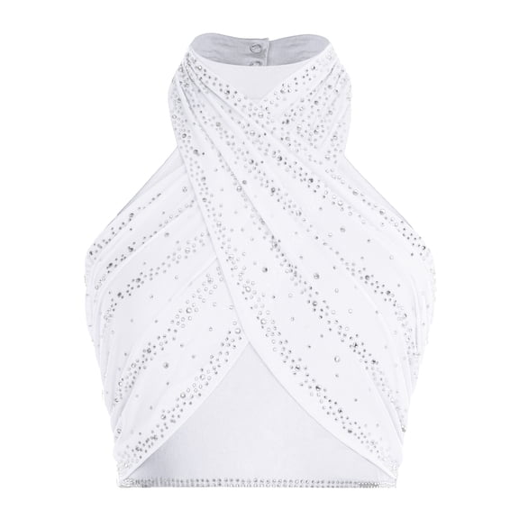 Aislor Women's Glittery Latin Dance Ruched Mesh Overlay Crop Top Modern Dancewear White XXL