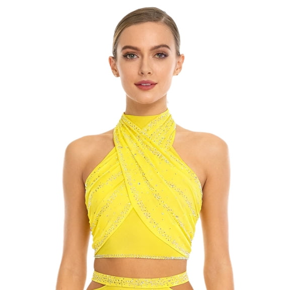 Aislor Women's Glittery Latin Dance Ruched Mesh Overlay Crop Top Modern Dancewear Yellow M