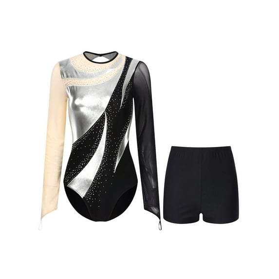 Aislor Women's Gymnastic Leotard Bodysuit Tops Color Block Patchwork Dance Costume with Shorts Silver M