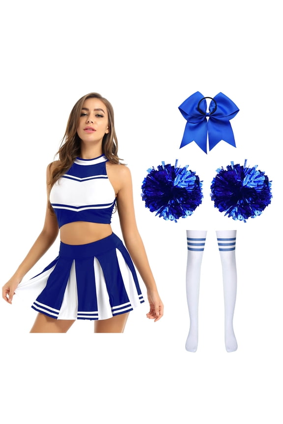 Women's Cheerleading Uniform Sleeveless Crop Top Mini Pleated Skirt Striped Stockings Bowknot Outfit Blue B M