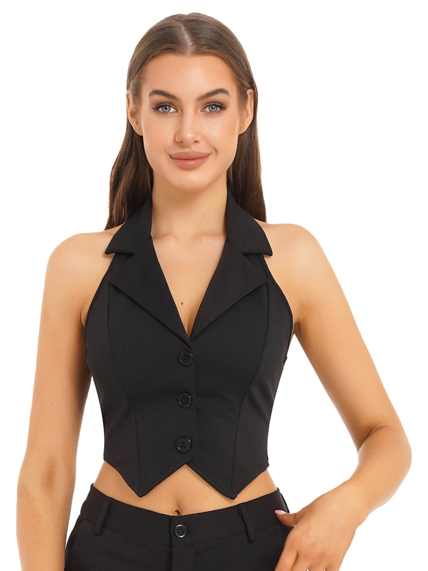 Aislor Women's Halterneck Waistcoat Vest Lapel Collar Blazer