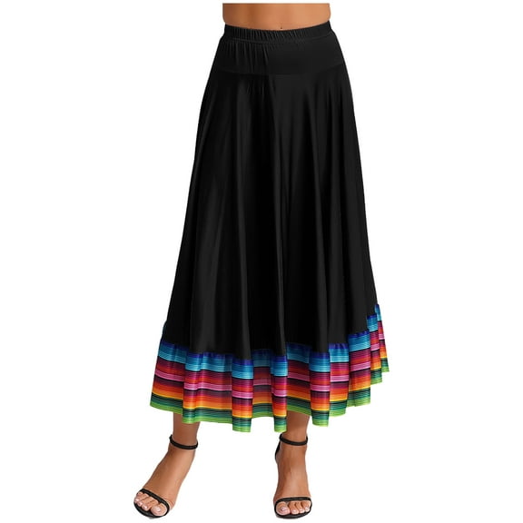 Aislor Women's High Waist Colorful Stripe Hem Skirt Embroidered Ballroom Dance Folk Dancing Clothing A Black 87cm L
