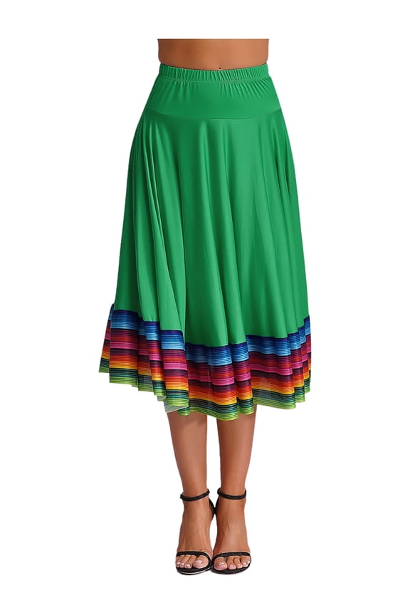 Women's High Waist Colorful Stripe Hem Skirt Embroidered Ballroom Dance Folk Dancing Clothing Green 75cm L