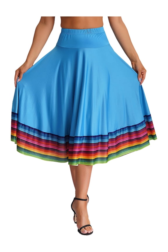Women's High Waist Colorful Stripe Hem Skirt Embroidered Ballroom Dance Folk Dancing Clothing Sky Blue 75cm L