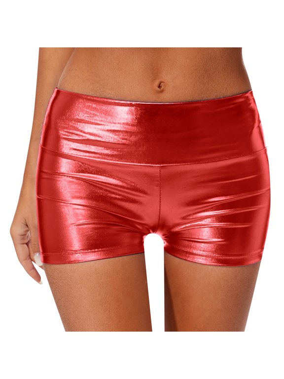 Women's High Waisted Metallic Shiny Booty Shorts Dance Festival Rave Bottoms Hot Pants Red 16