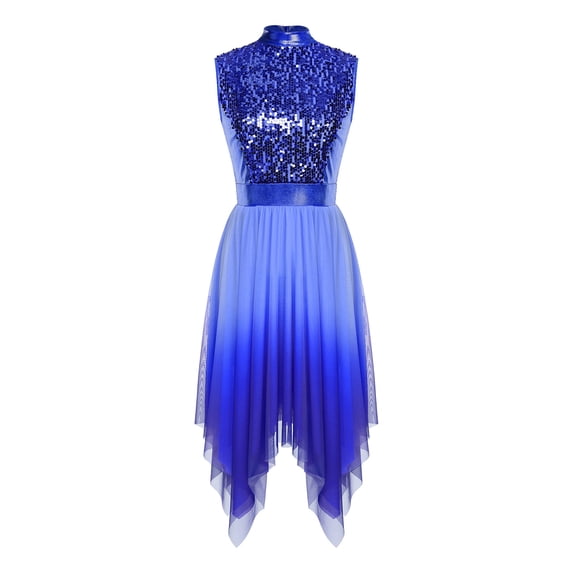 Aislor Women Glittery Sequin Praise Dance Asymmetric Overlay Dress Liturgical Lyrical Dancewear Royal Blue M