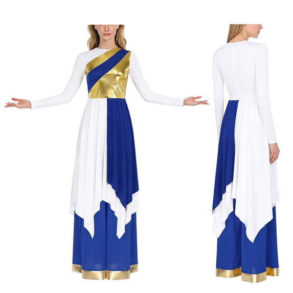 Aislor Women's Liturgical Worship Praise Dance Costume Long Sleeve Irregular Dress with Wide Leg Pants Blue Dress with Pant M