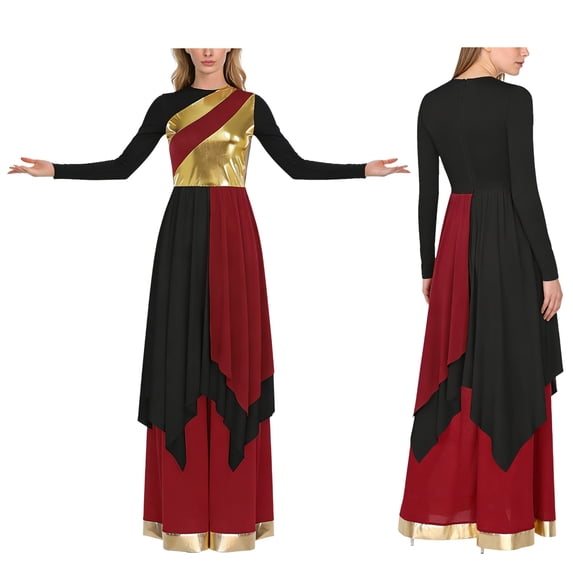 Aislor Women's Liturgical Worship Praise Dance Costume Long Sleeve Irregular Dress with Wide Leg Pants Burgundy Black Dress with Pant L