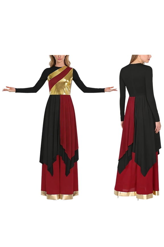 Women's Liturgical Worship Praise Dance Costume Long Sleeve Irregular Dress with Wide Leg Pants Burgundy Black Dress with Pant XL