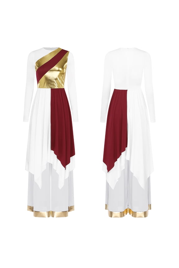 Women's Liturgical Worship Praise Dance Costume Long Sleeve Irregular Dress with Wide Leg Pants Burgundy White Dress with Pant S