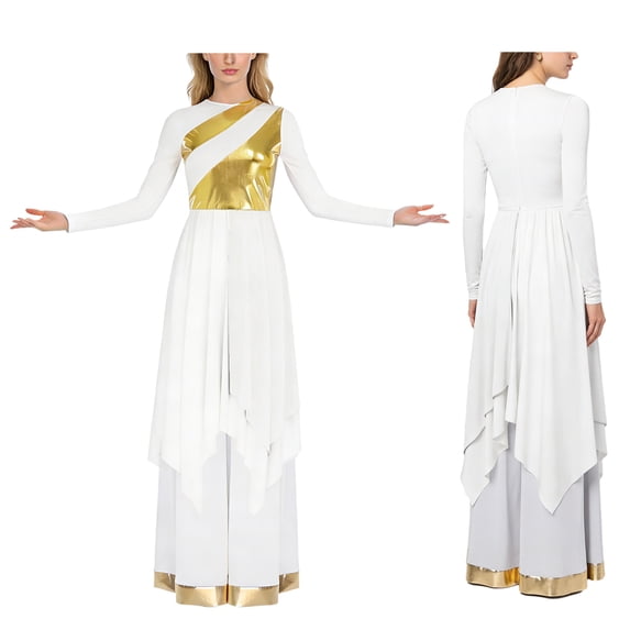 Aislor Women's Liturgical Worship Praise Dance Costume Long Sleeve Irregular Dress with Wide Leg Pants White Dress with Pant L