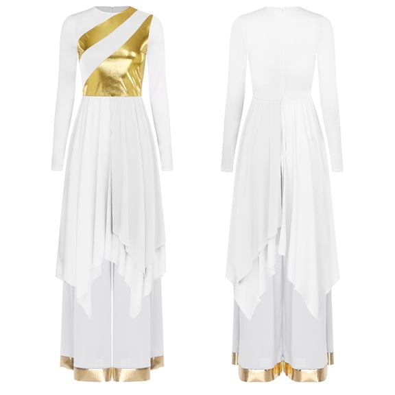Aislor Women's Liturgical Worship Praise Dance Costume Long Sleeve Irregular Dress with Wide Leg Pants White Dress with Pant S