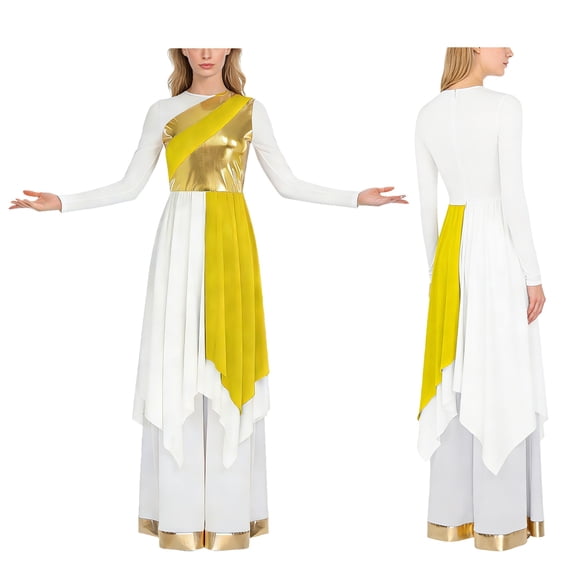 Aislor Women's Liturgical Worship Praise Dance Costume Long Sleeve Irregular Dress with Wide Leg Pants Yellow Dress with Pant L