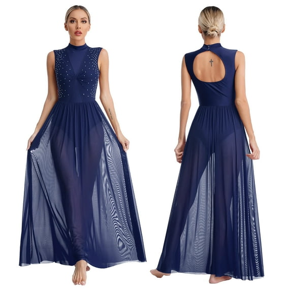 Aislor Women's Long Maxi Lyrical Dance Costume Twisted Overlay Modern Contemporary Dress Navy Blue L