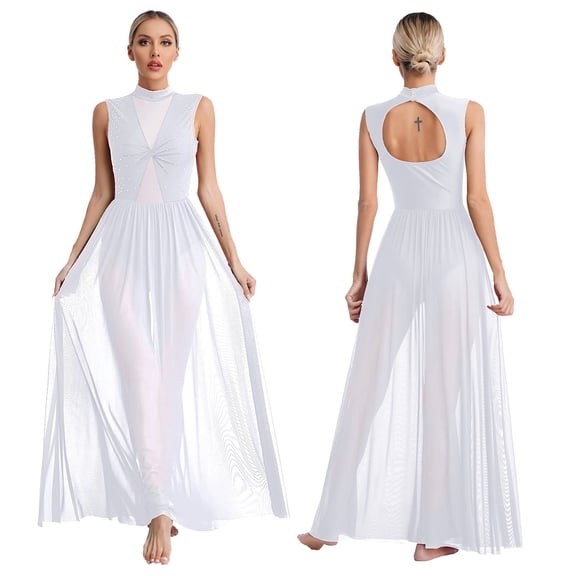 Aislor Women's Long Maxi Lyrical Dance Costume Twisted Overlay Modern Contemporary Dress White M