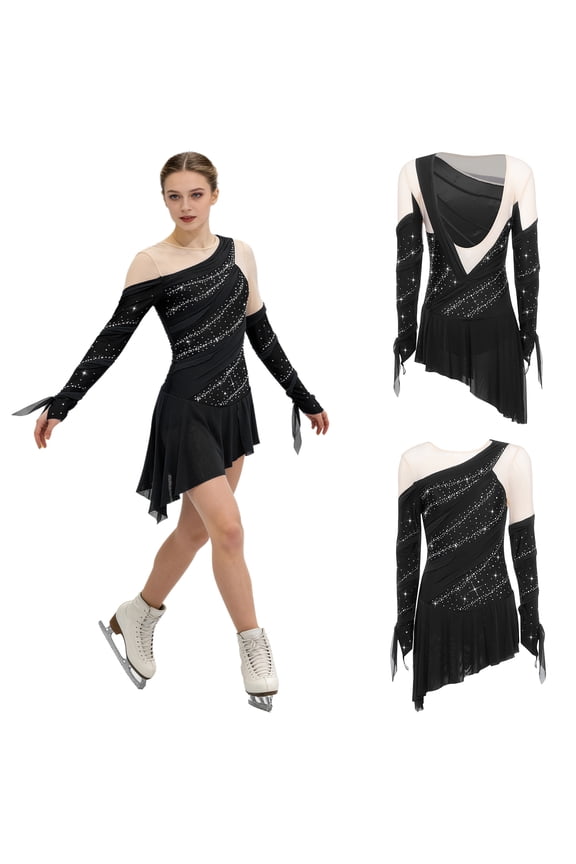 Women's Long Sleeve Figure Ice Skating Shiny Rhinestone Ballet Skirted Leotard Dress Black M