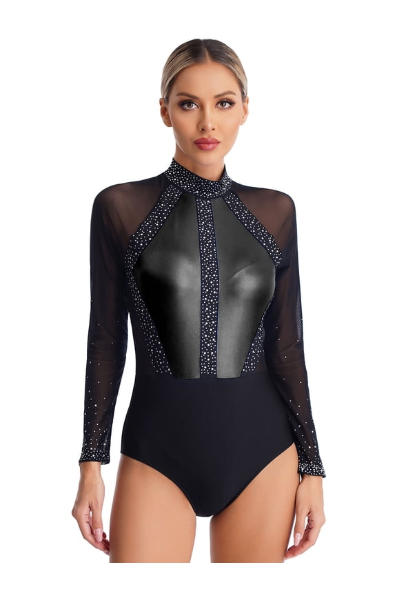 Women's Long Sleeve Gymnastics Leotard Shiny Rhinestone Ballet Dancewear Black S