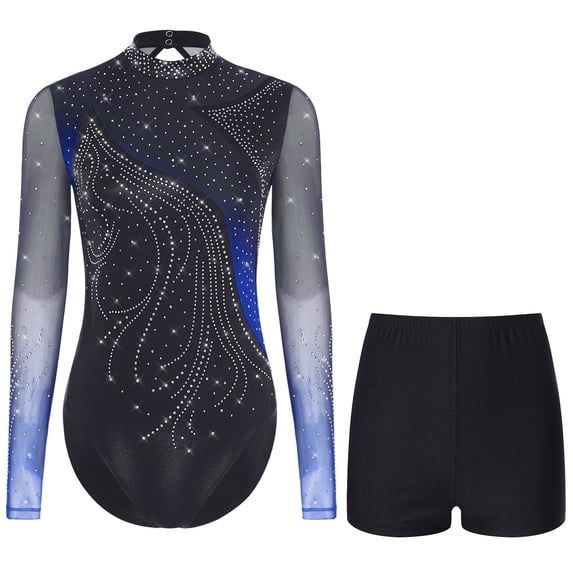 Aislor Women's Long Sleeve Leotard With Shorts Figure Skating Outfit Contemporary Dancewear Blue S