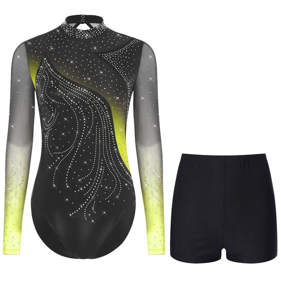Aislor Women's Long Sleeve Leotard With Shorts Figure Skating Outfit Contemporary Dancewear Yellow L