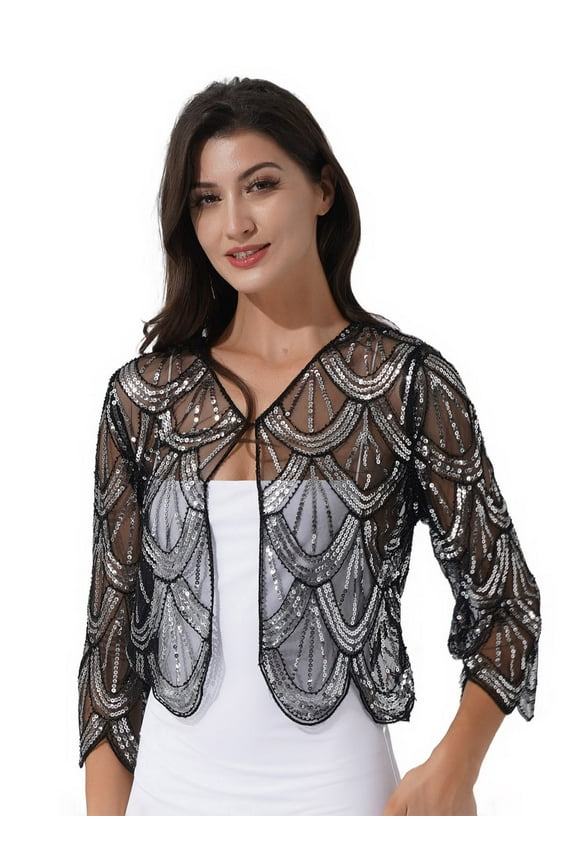 Women's Long Sleeve Sequin Bolero Shrug Evening Wedding Party Cardigan Tops A Silver One Size
