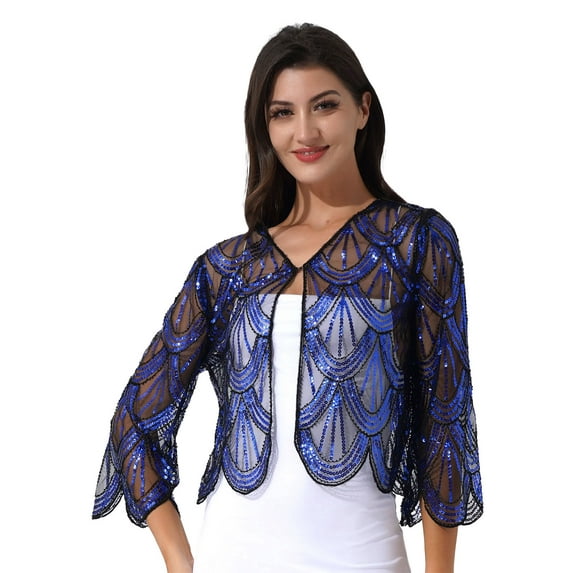 Aislor Women's Long Sleeve Sequin Bolero Shrug Evening Wedding Party Cardigan Tops Blue One Size