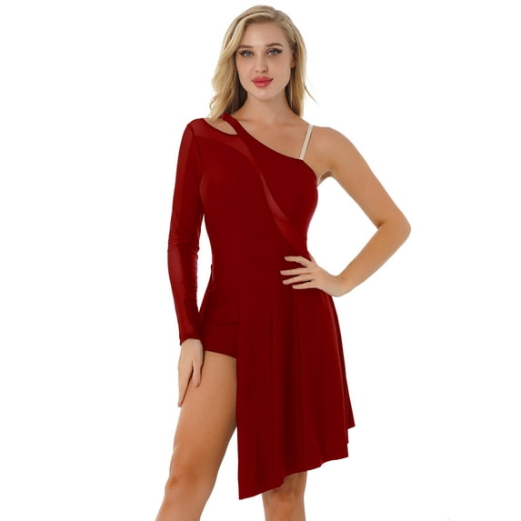 Aislor Women's Lyrical Dance Costume One Shoulder Long Sleeve Split Asymmetrical Hem Dress Dancewear Burgundy M