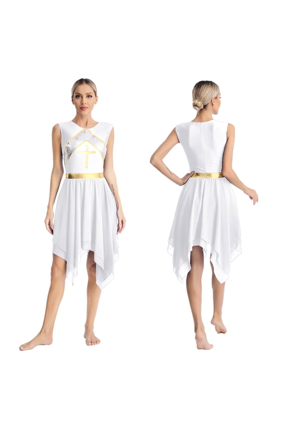 Women's Lyrical Dance Dress Sleeveless Tunic Asymmetric Chiffon Dress Size S-XXL A White S