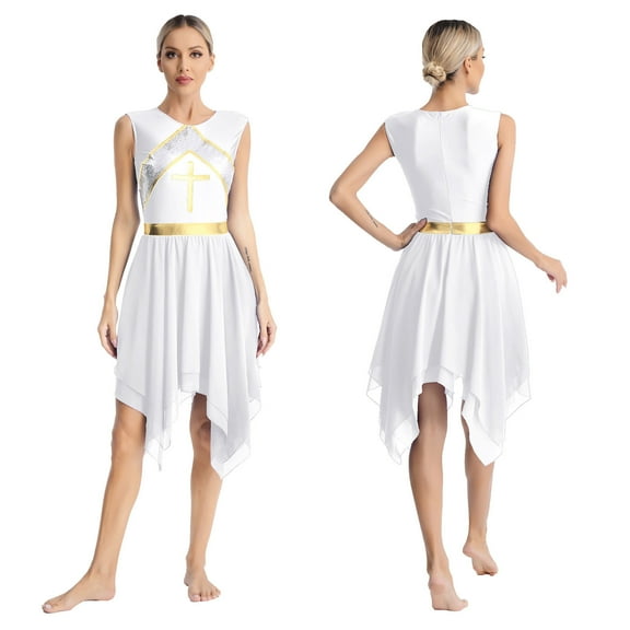 Aislor Women's Lyrical Dance Dress Sleeveless Tunic Asymmetric Chiffon Dress Size S-XXL A White XL