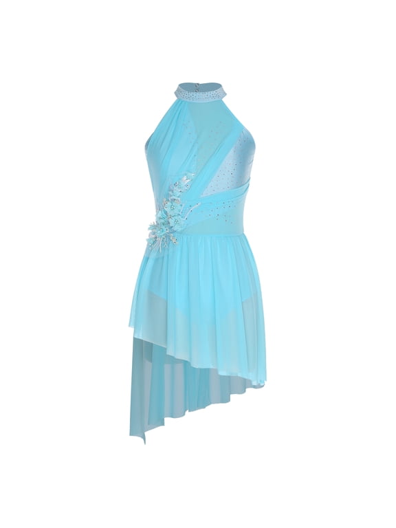 Women's Lyrical Dance Flower Applique Halter Strappy Asymmetric Flowy Tulle Skirt Contemporary Dress Light Blue S