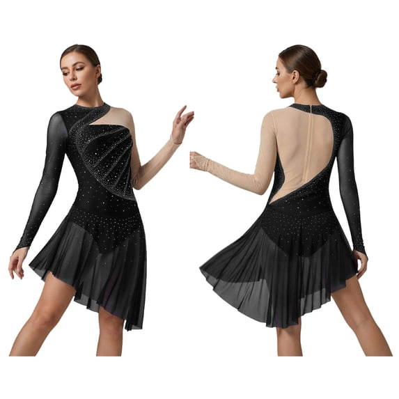 Aislor Women's Lyrical Dance Long Sleeve Asymmetrical Ballet Skirt Leotard Figure Skating Dress Black XL