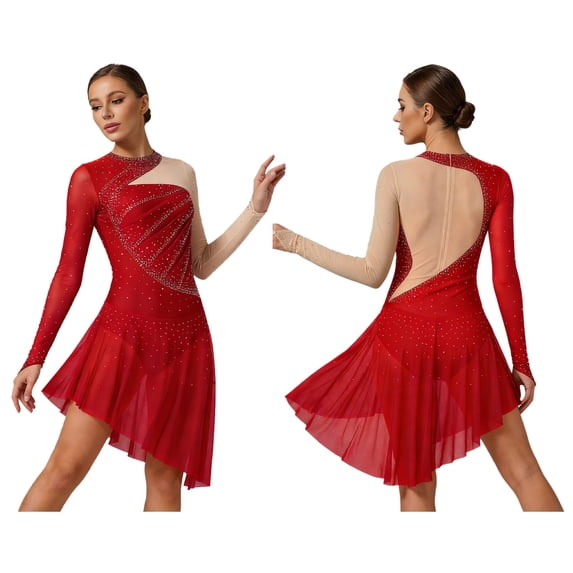 Aislor Women's Lyrical Dance Long Sleeve Asymmetrical Ballet Skirt Leotard Figure Skating Dress Burgundy M