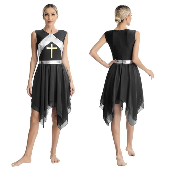 Aislor Women Cross Liturgical Praise Church Worship Overlays Tunic Lyrical Dance Costume Black XXL