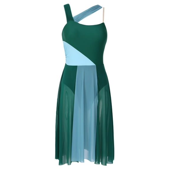 Aislor Women Lyrical Dance Sleeveless Color Block Leotard Dress Modern Contemporary Dancewear Green M