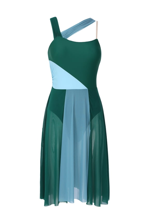 Women Lyrical Dance Sleeveless Color Block Leotard Dress Modern Contemporary Dancewear Green M