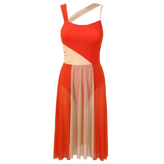 Aislor Women Lyrical Dance Sleeveless Color Block Leotard Dress Modern Contemporary Dancewear Orange XL