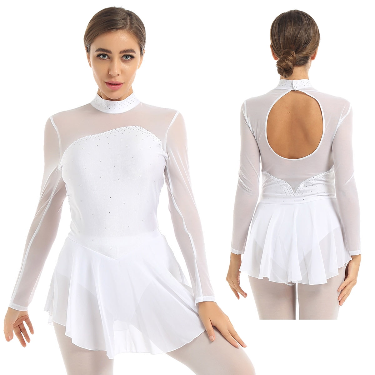 Aislor Women's Mock Neck Figure Skating Dress Long Sleeves Gymnastics