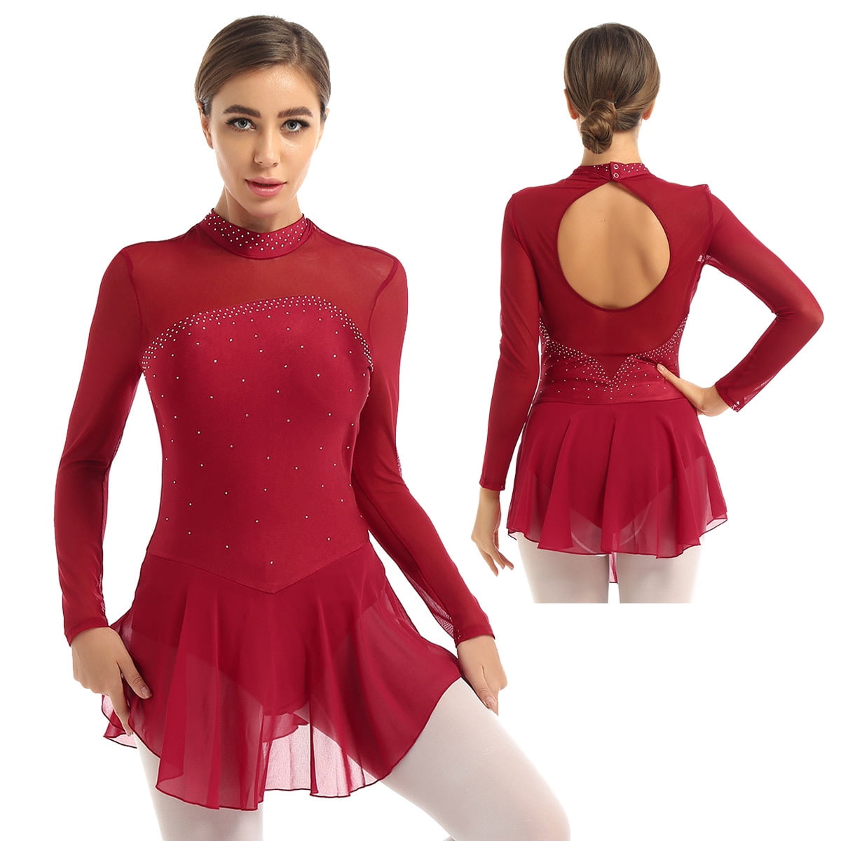 Aislor Women's Mock Neck Figure Skating Dress Long Sleeves Gymnastics