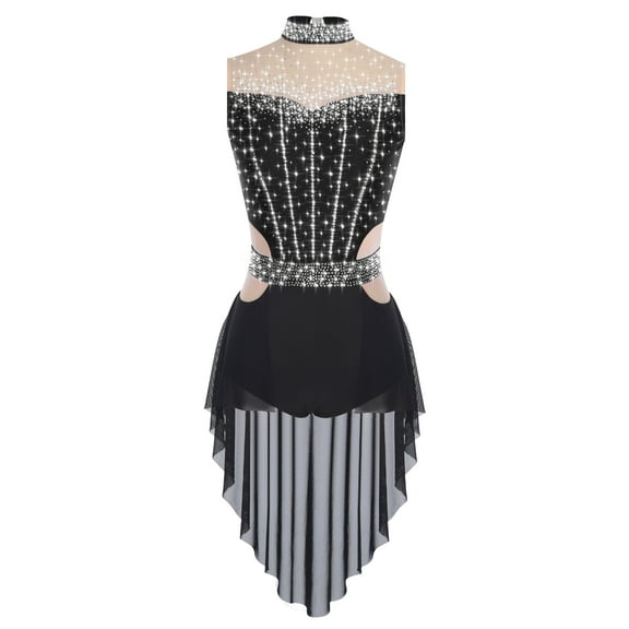 Aislor Women's Rhinestone Lyrical Jazz Dance Leotard Ballroom Tango Dance Dress Prom Party Mock Neck Bodysuit Black XL