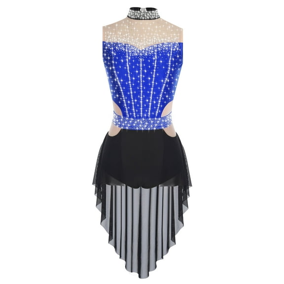 Aislor Women's Rhinestone Lyrical Jazz Dance Leotard Ballroom Tango Dance Dress Prom Party Mock Neck Bodysuit Blue M