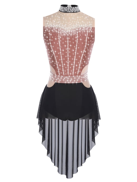 Women's Rhinestone Lyrical Jazz Dance Leotard Ballroom Tango Dance Dress Prom Party Mock Neck Bodysuit Dusty Pink XXL